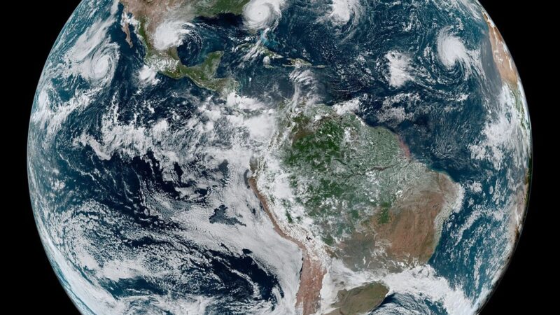 Satellite view of tropical storm systems over the oceans