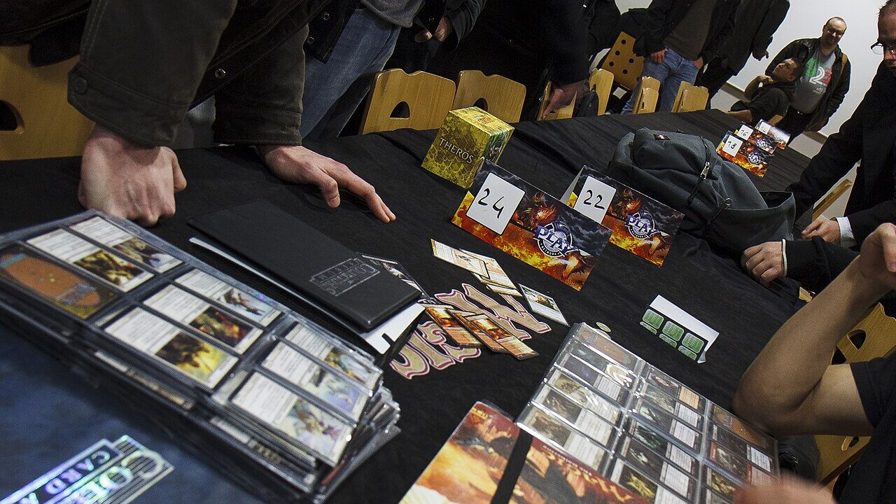 Players trading Magic The Gathering cards at a tournament