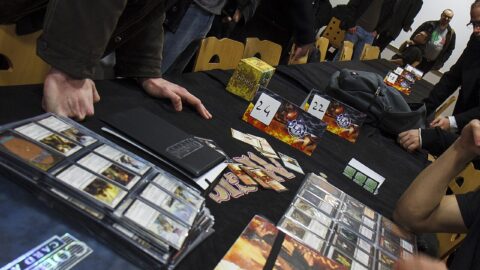 Players trading Magic The Gathering cards at a tournament